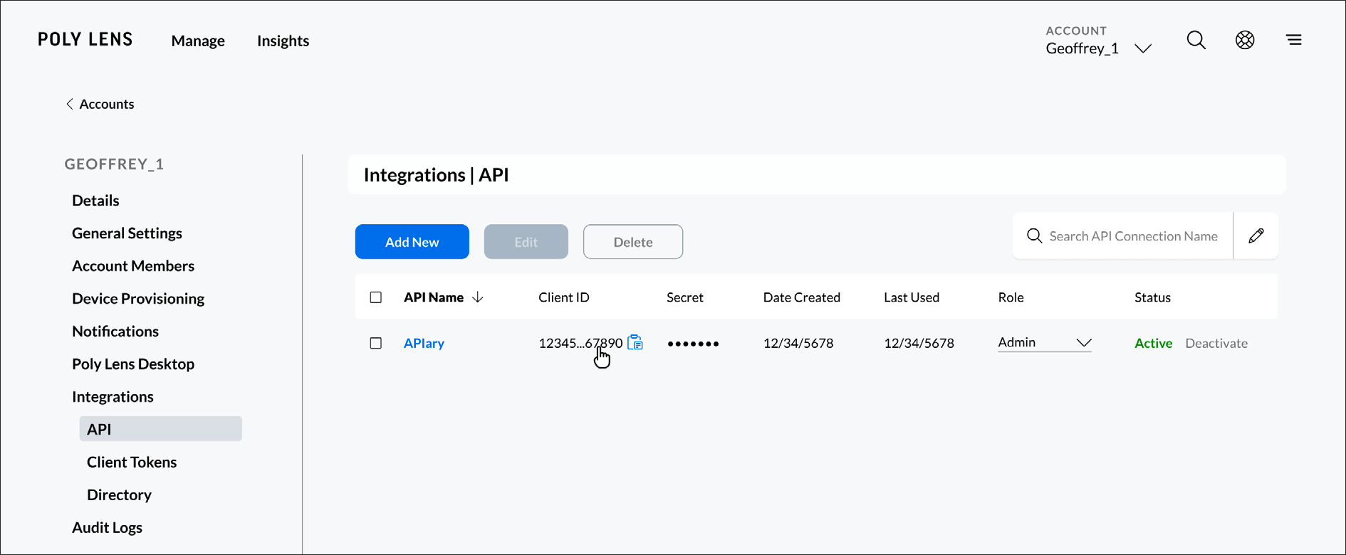 Poly Lens Accounts &gt; Integrations window