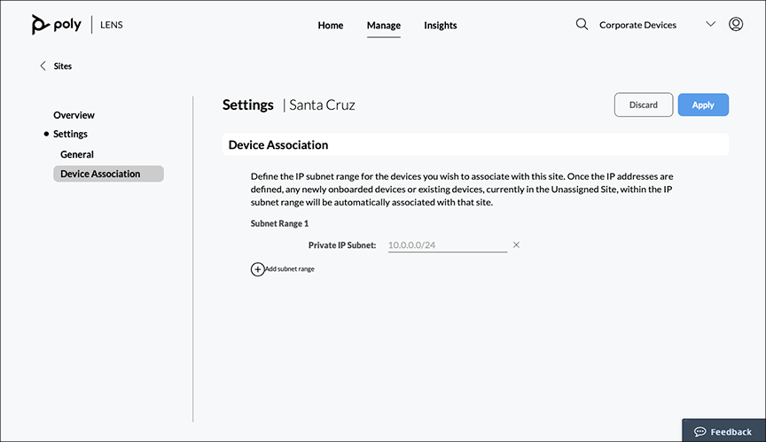 Poly Lens Manage - Device Association page