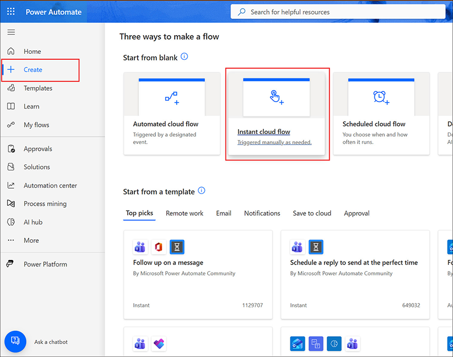 Power Automate - Create Instant Cloud Flow