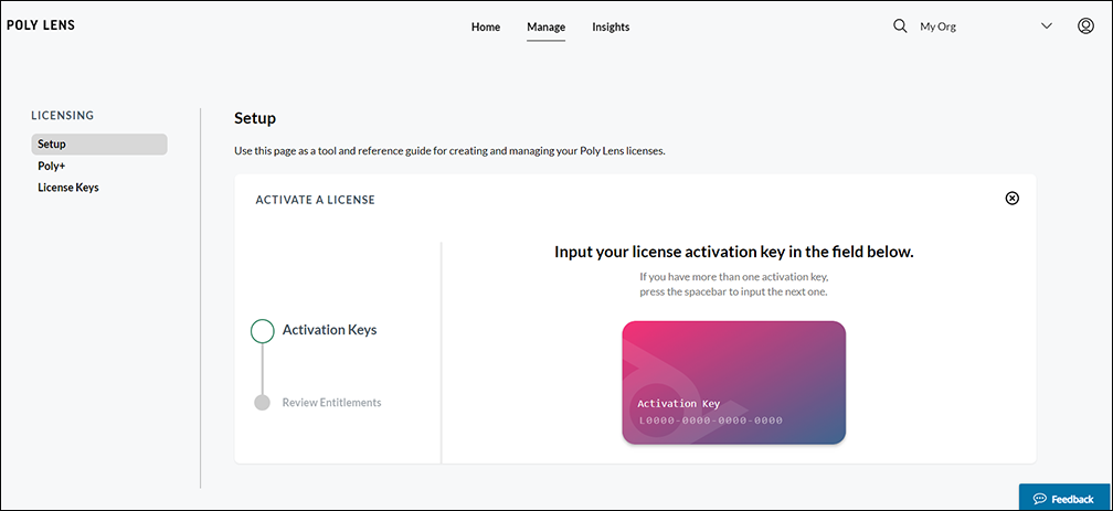 Poly Lens Licensing Setup page