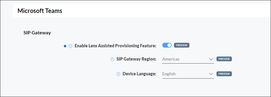 Screenshot of Policy &gt; Microsoft Teams &gt; SIP Gateway page