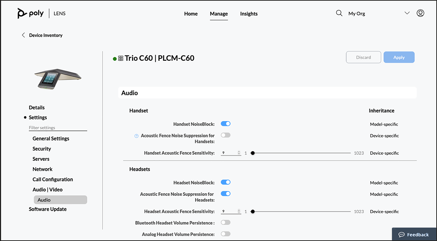 Poly Lens Manage - Device Settings page